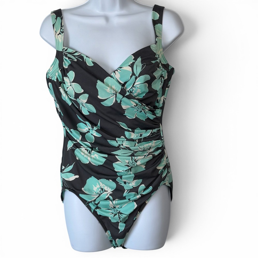 Miraclesuit One Piece Swimsuit 14 Gray Teal Floral Ruched Tummy Control Vacation